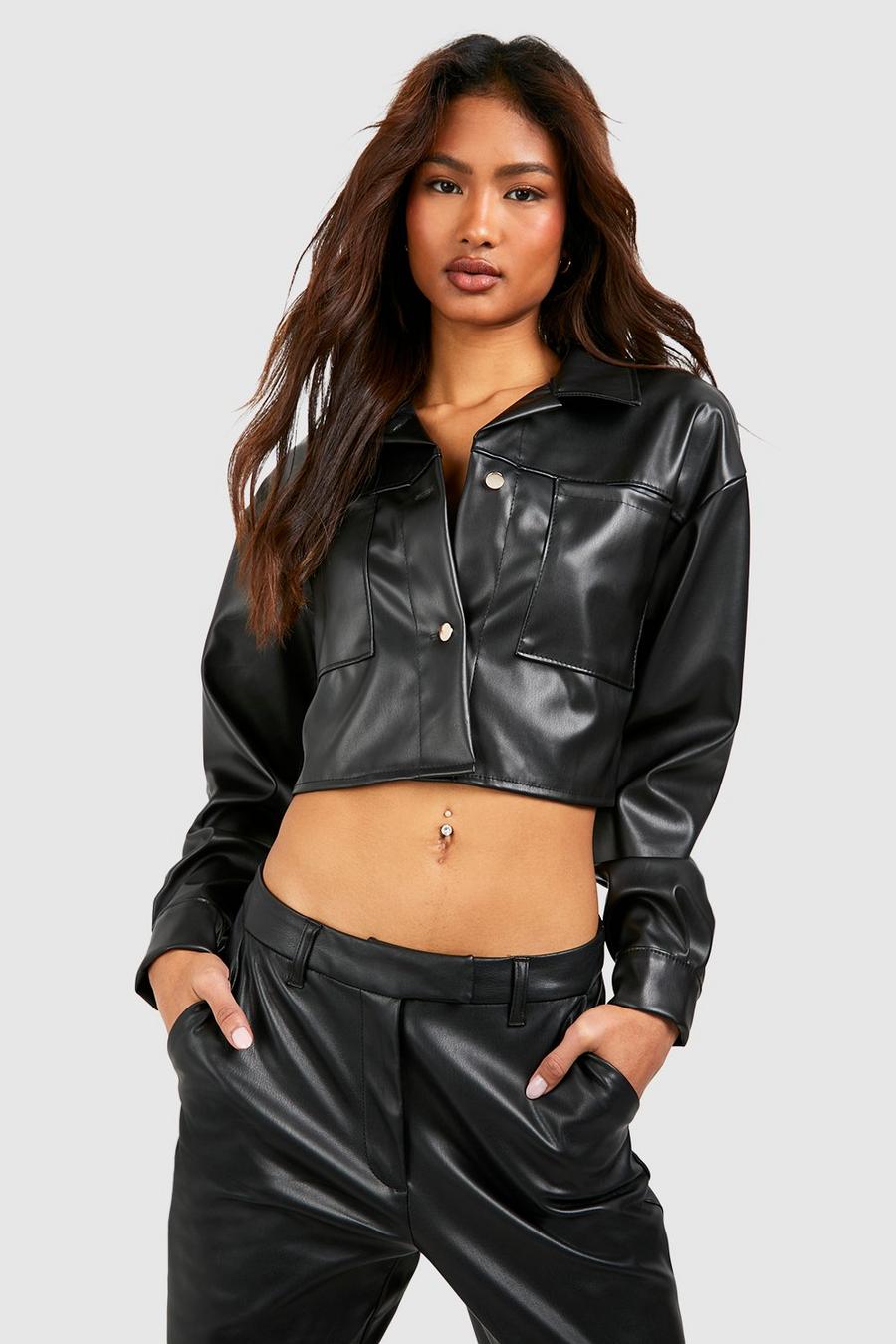 Black Tall Faux Leather Pocket Detail Crop Oversized Jacket image number 1