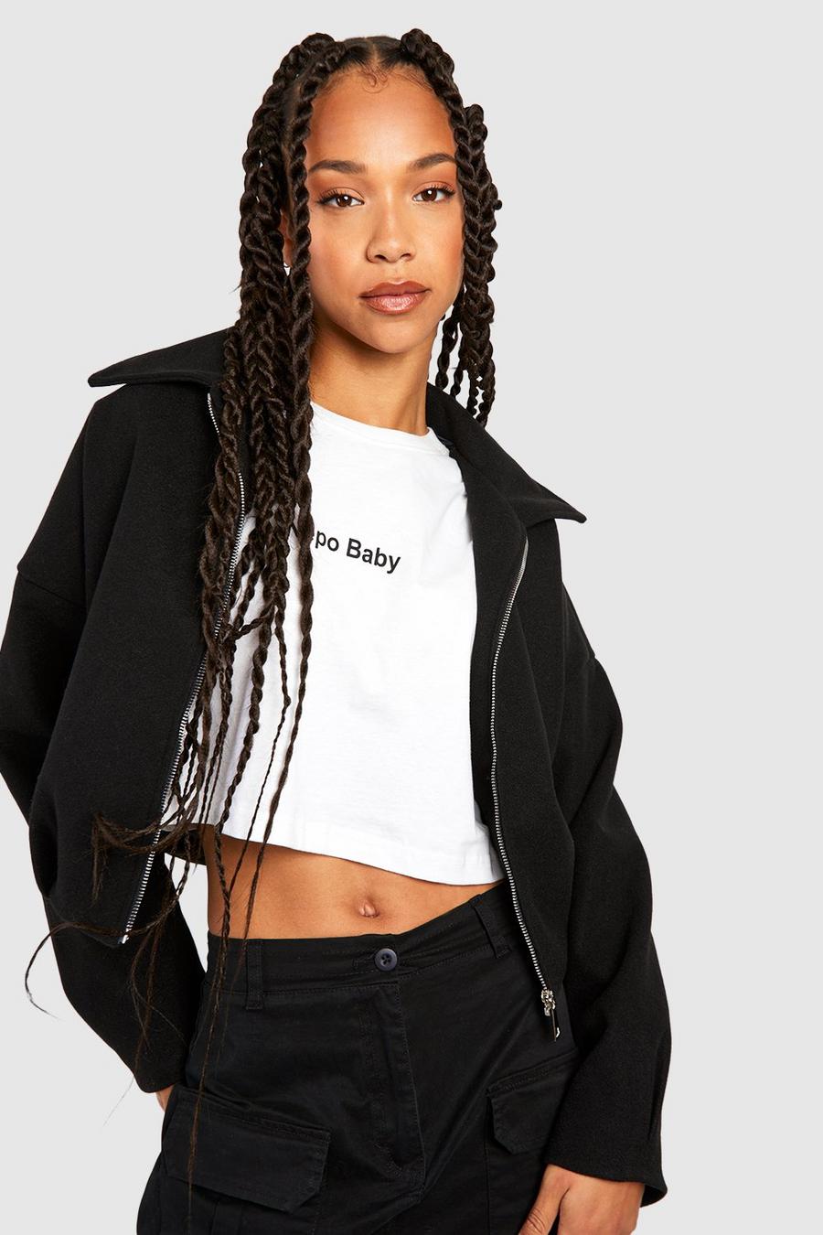 Black Tall Cropped Wool Look Zip Up Bomber Jacket
