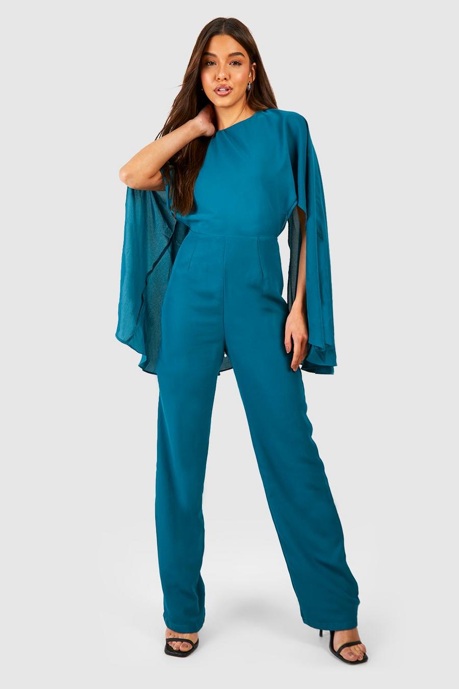 Teal Chiffon Cape Open Back Jumpsuit image number 1