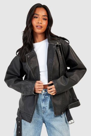 Black Petite Oversized Vintage Faux Leather Moto Jacket