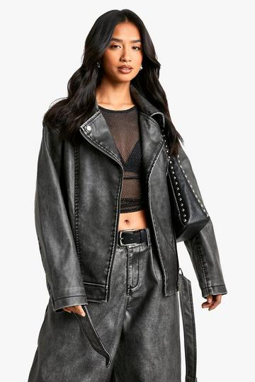 Petite Oversized Vintage Faux Leather Biker Jacket black