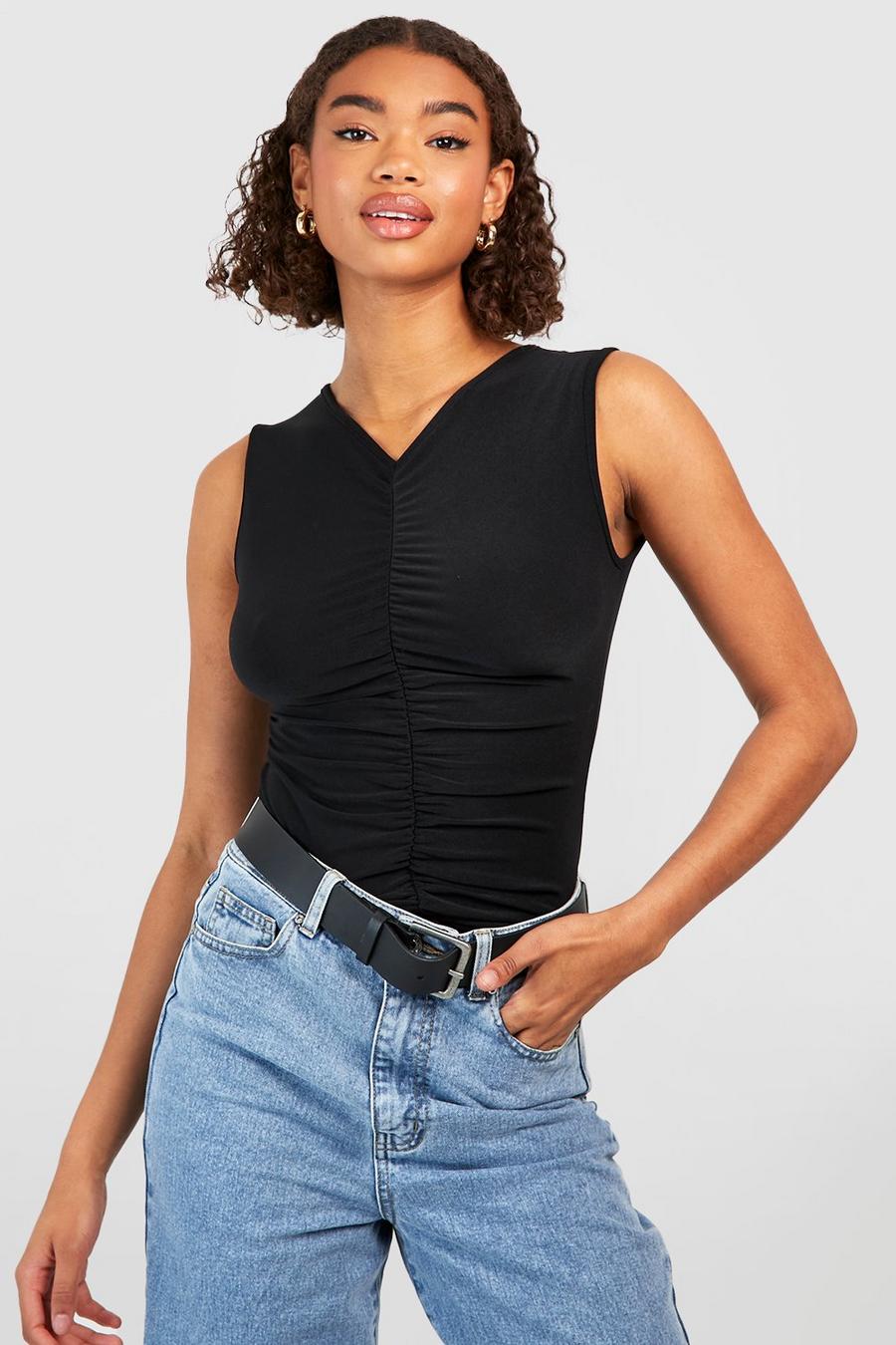 Black Tall Premium Soft Touch Ruched Front Sleeveless Top image number 1