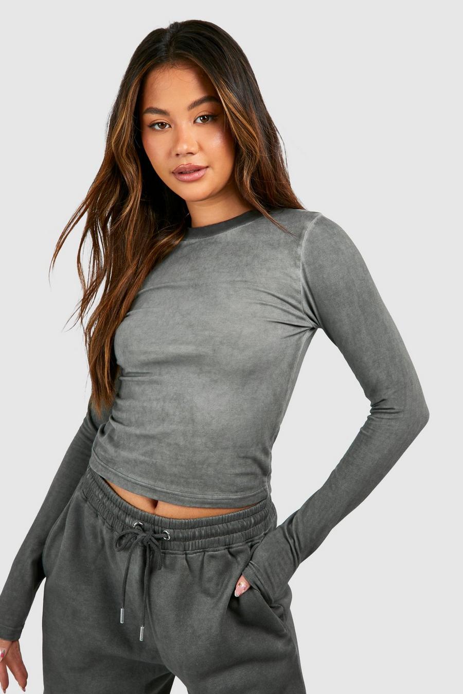 Charcoal grey Washed Long Sleeve Top