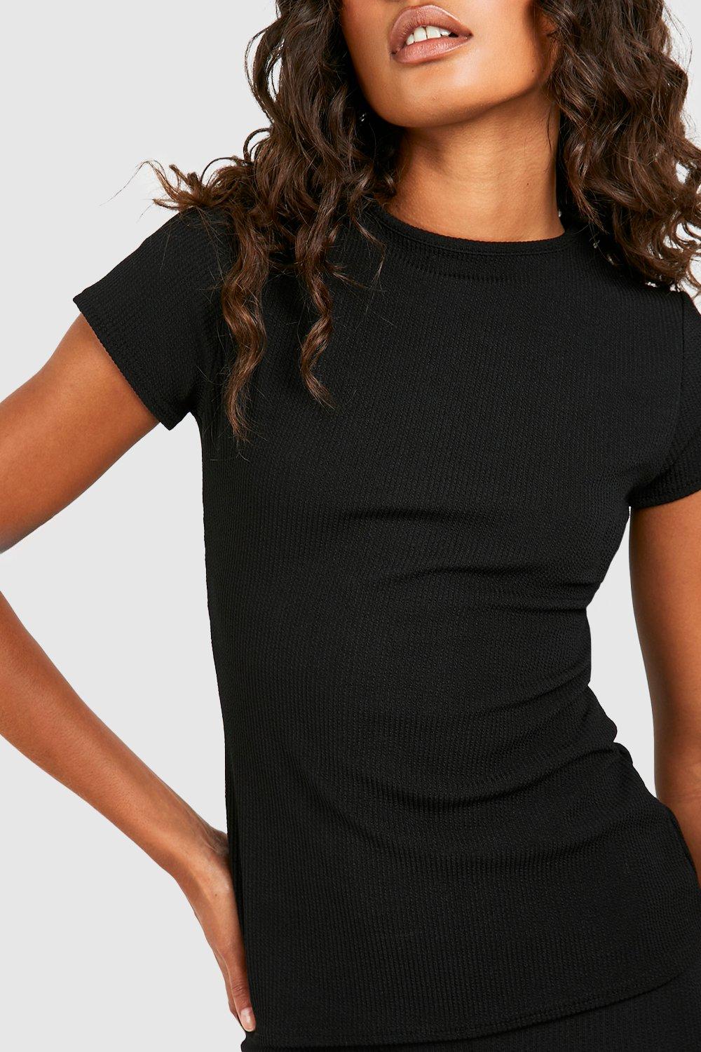 Crinkle Crew-Neck Cap Sleeve T-Shirt