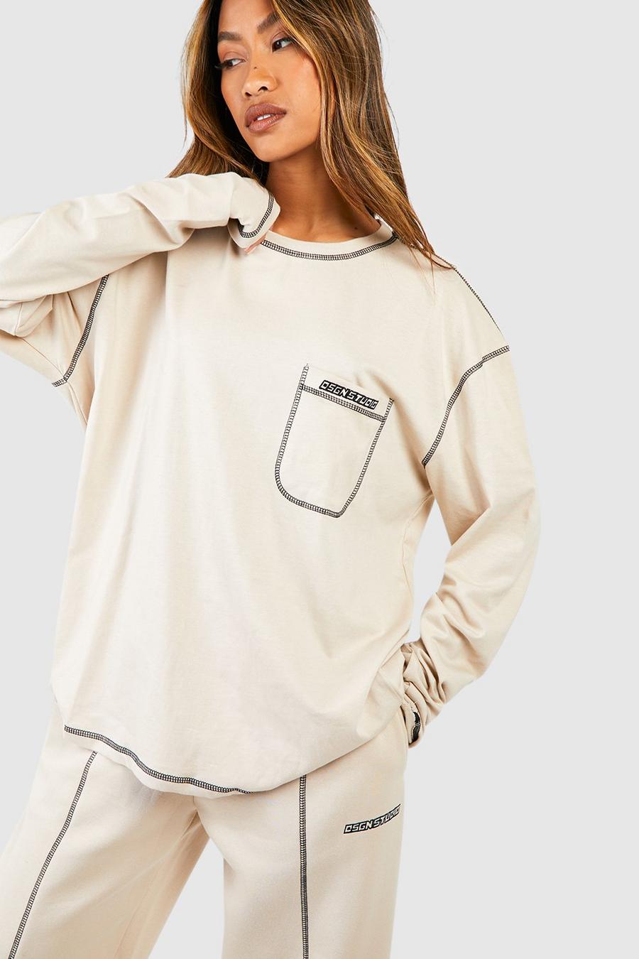 Stone Contrast Stitch Embroidered Long Sleeve Oversized T-shirt image number 1