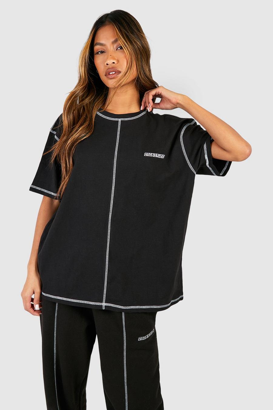 T-shirt oversize con cuciture a contrasto e ricami, Black image number 1