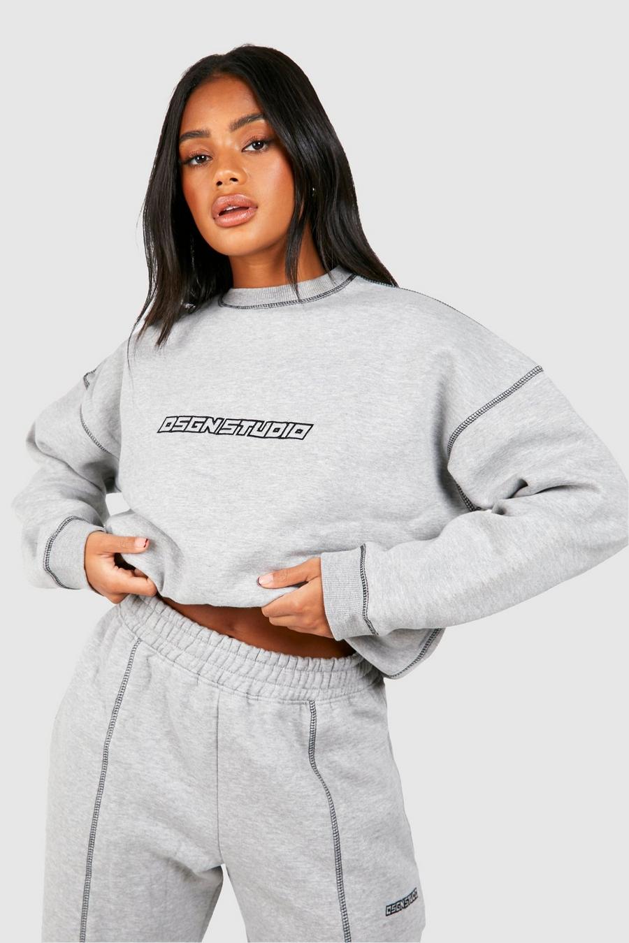 Ash grey Oversize sweatshirt med brodyr och kontrastsömmar image number 1