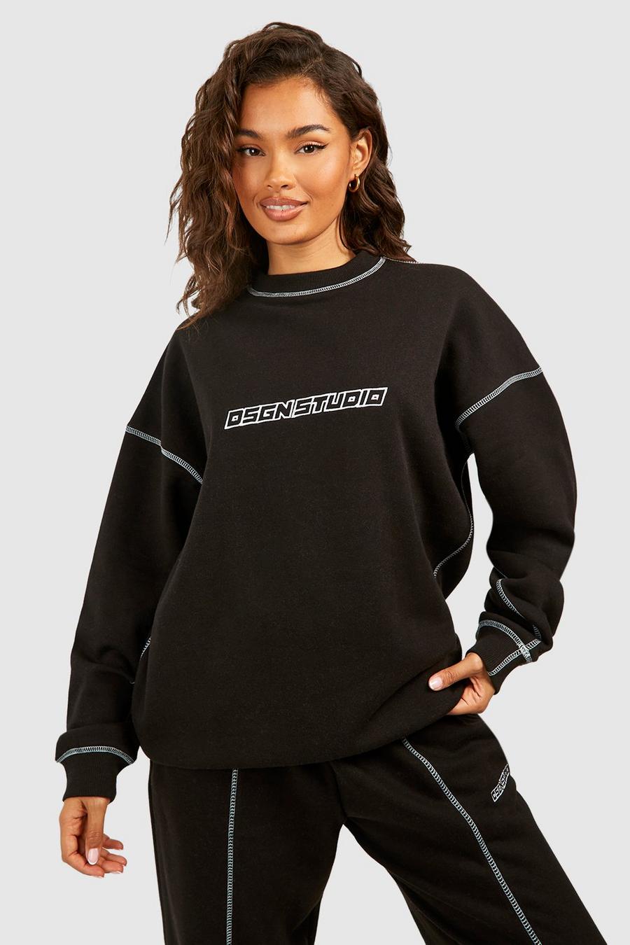 Besticktes Oversize Sweatshirt mit Kontrast-Naht, Black
