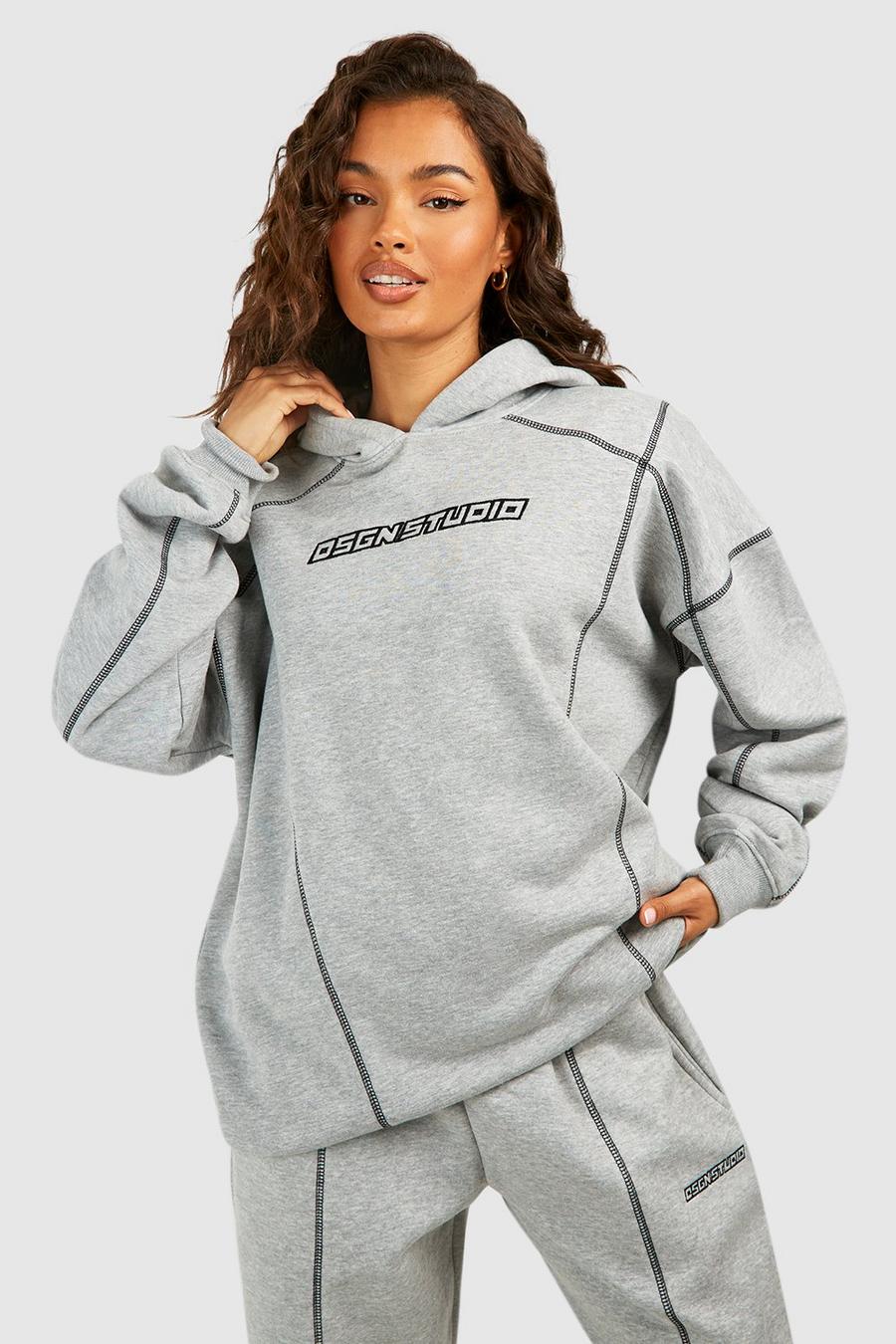 Ash grey Oversize hoodie med brodyr och kontrastsömmar image number 1