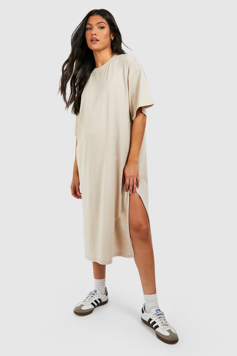 Umstandsmode super Oversize Midi T-Shirt-Kleid aus Baumwolle, Stone beige