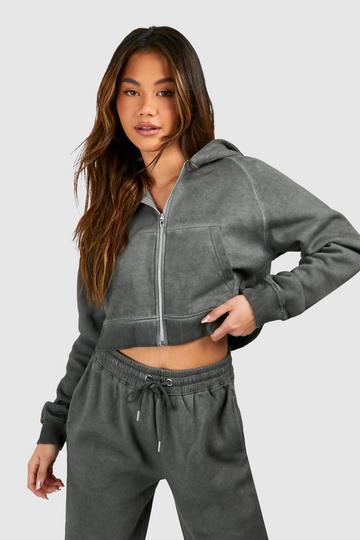 Washed Boxy Zip Through Hoodie charcoal