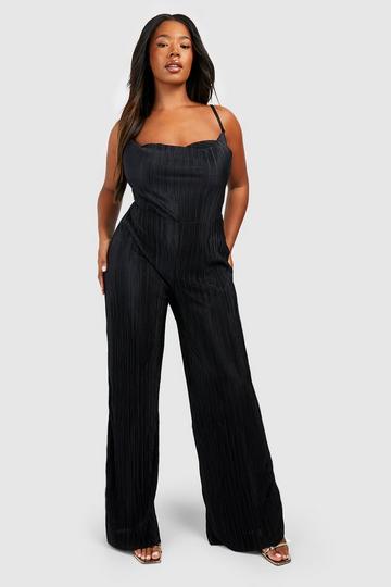 Plus Plisse Jumpsuit Met Waterval Hals black