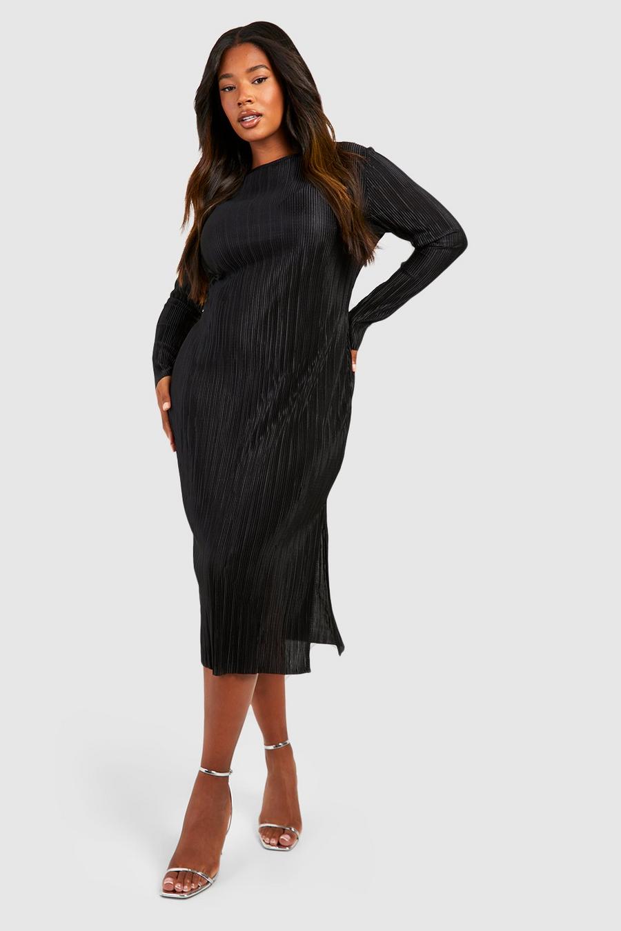 Black Plus Plisse Split Long Sleeve Midi Dress image number 1