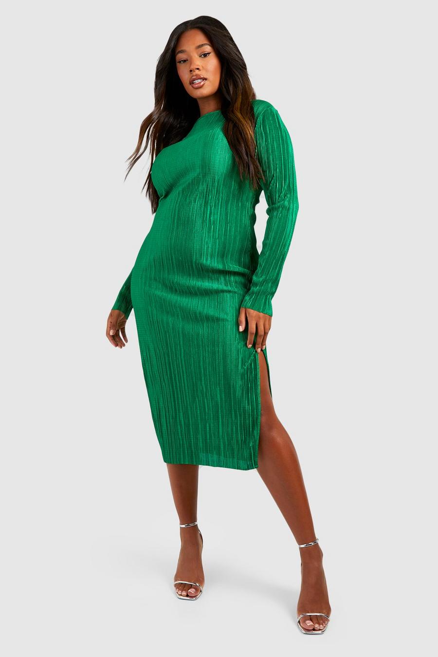 Green Plus Plisse Split Long Sleeve Midi Dress image number 1