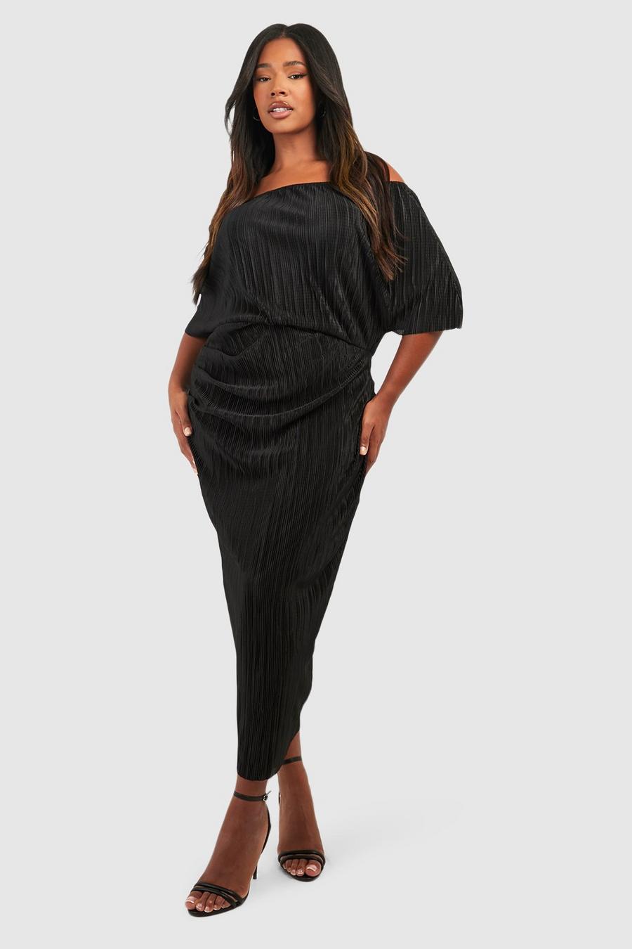 Black Plus Off The Shoulder Plisse Midi Dress image number 1