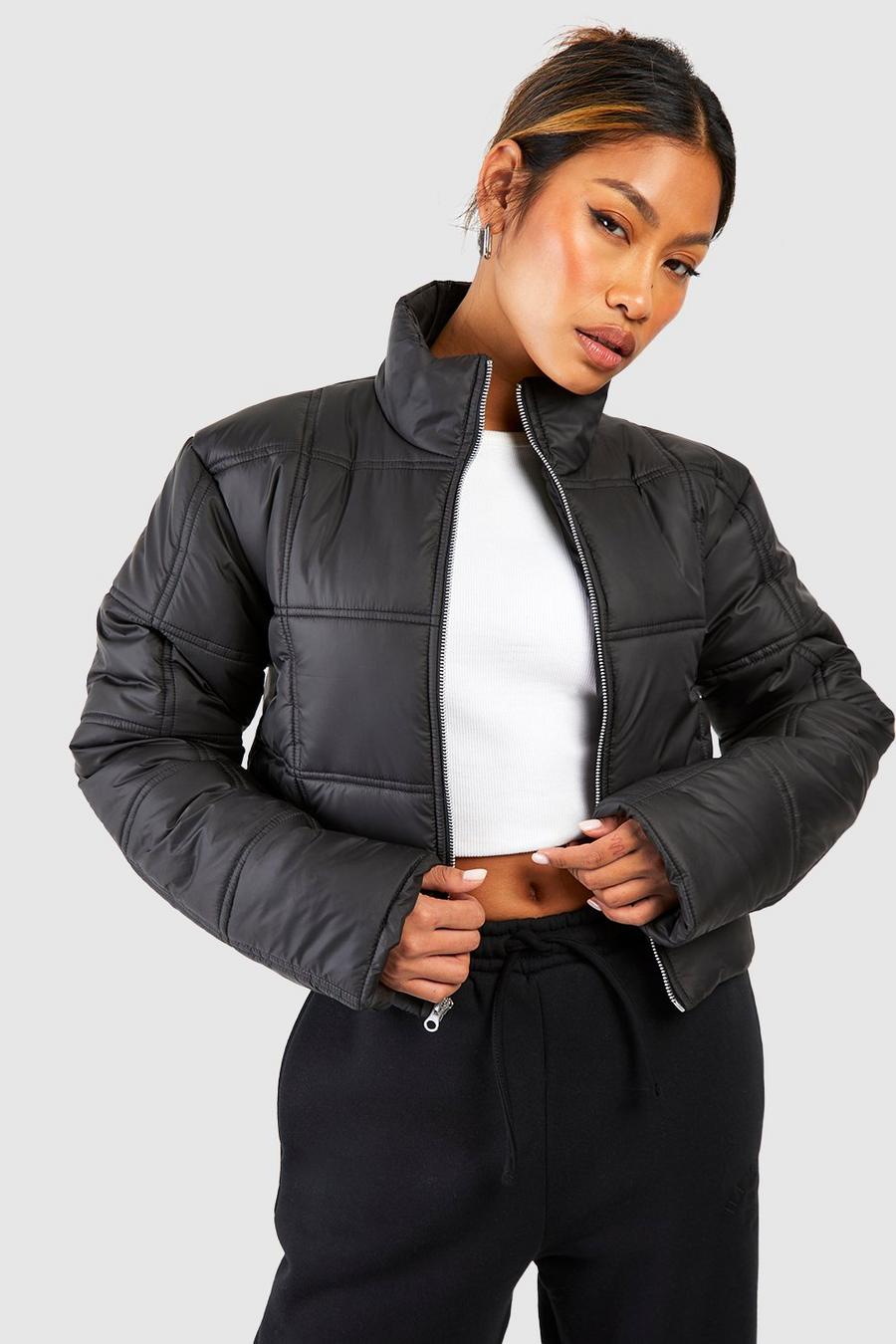 Black Square Quilted Crop Puffer Jacket image number 1