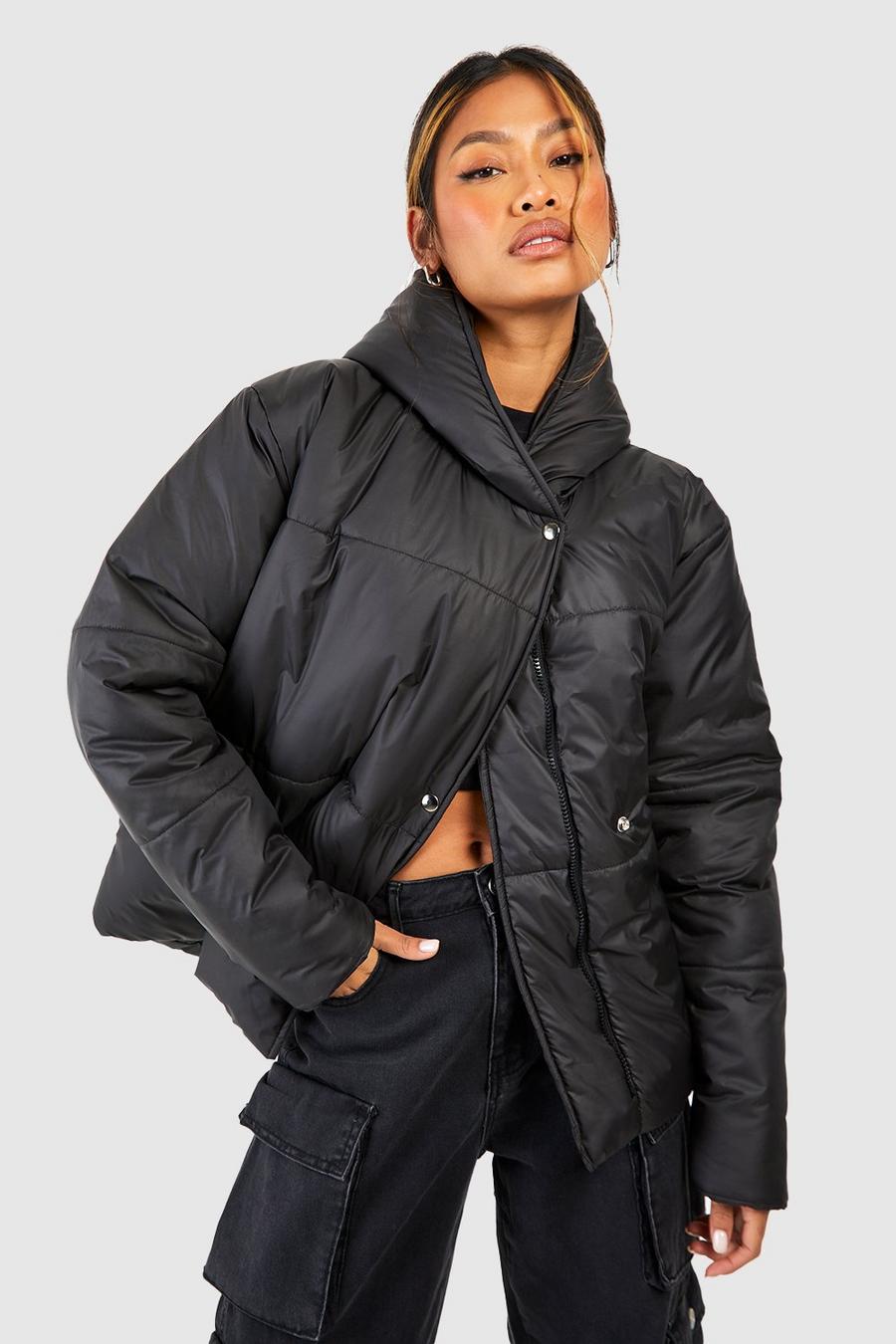Black Asymmetric Hooded Puffer Jacket image number 1