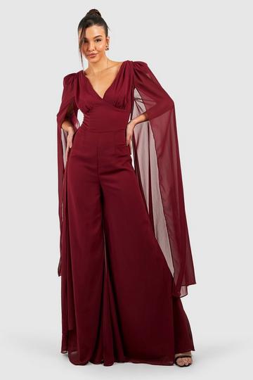 Cape Detail Plunge Wide Leg Jumpsuit wine