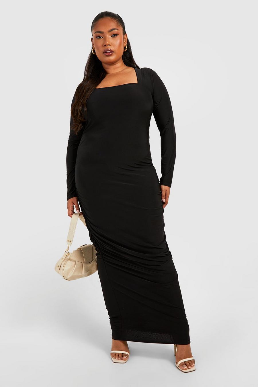 Black Plus Double Slinky Ruched Square Neck Midi Dress image number 1
