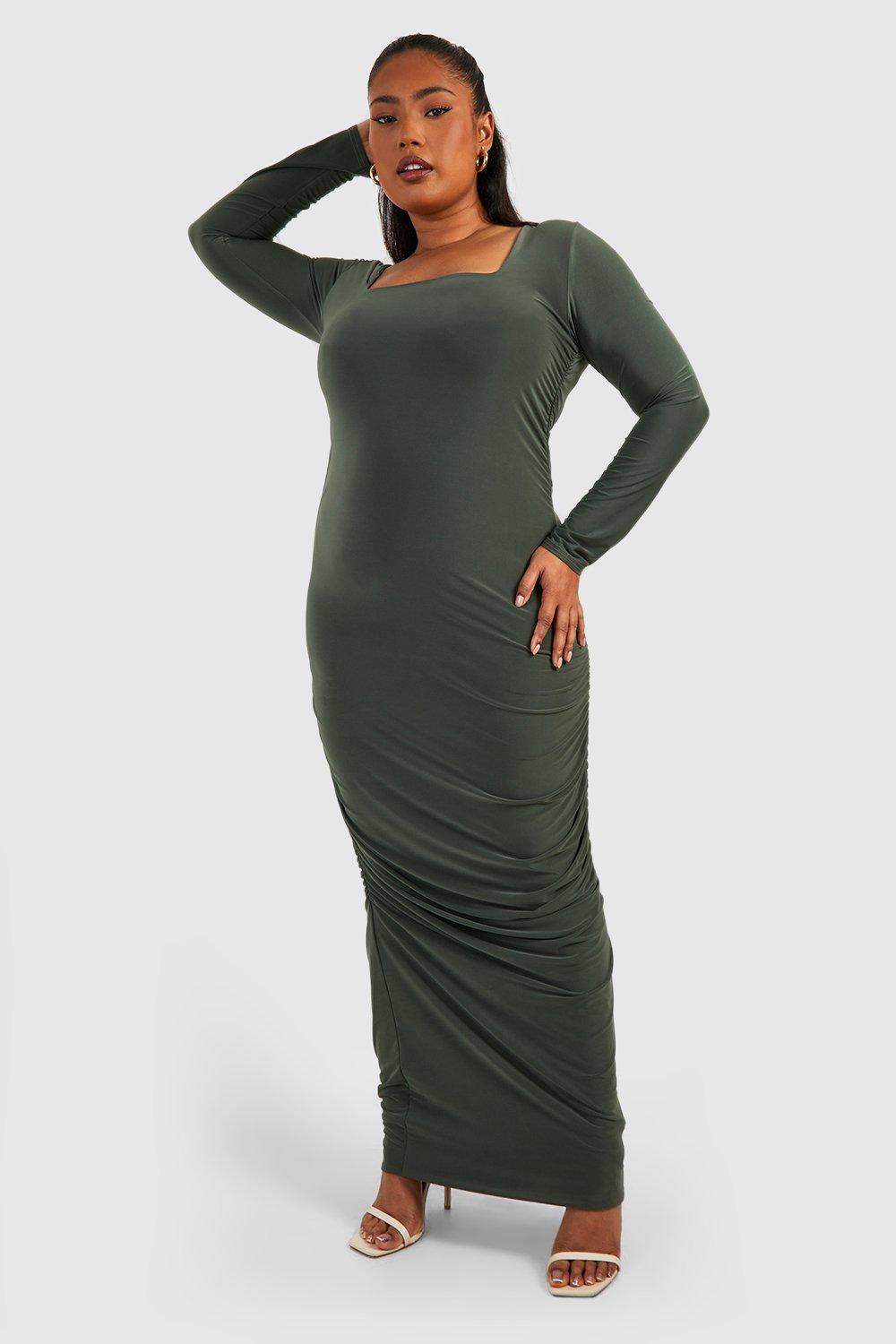 Plus Double Slinky Ruched Square Neck Midi Dress