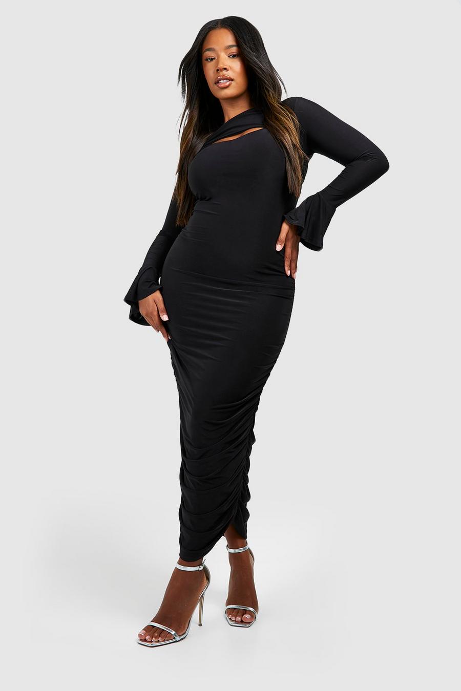 Black Plus Double Slinky Ruched  Fared Cuff Midi Dress