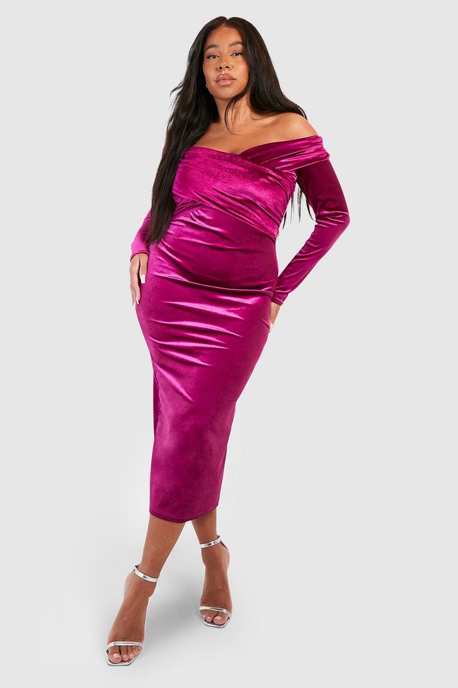 Magenta pink Plus Velvet Off The Shoulder Ruched Midi Dress