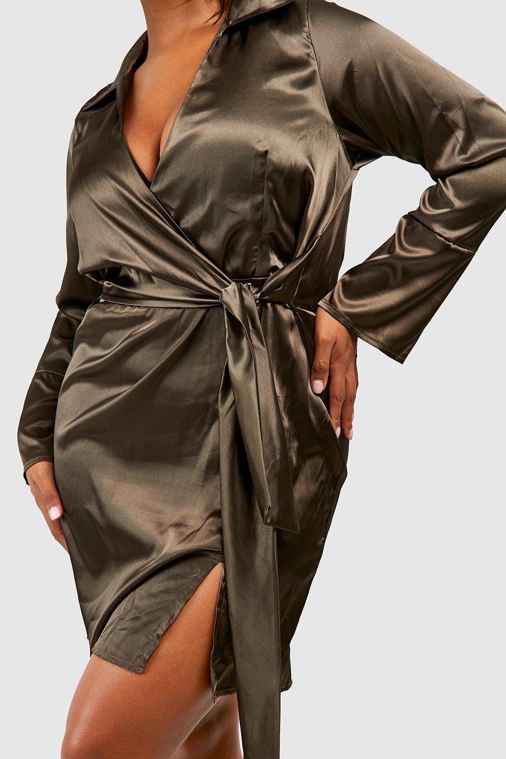 Khaki satin best sale wrap dress