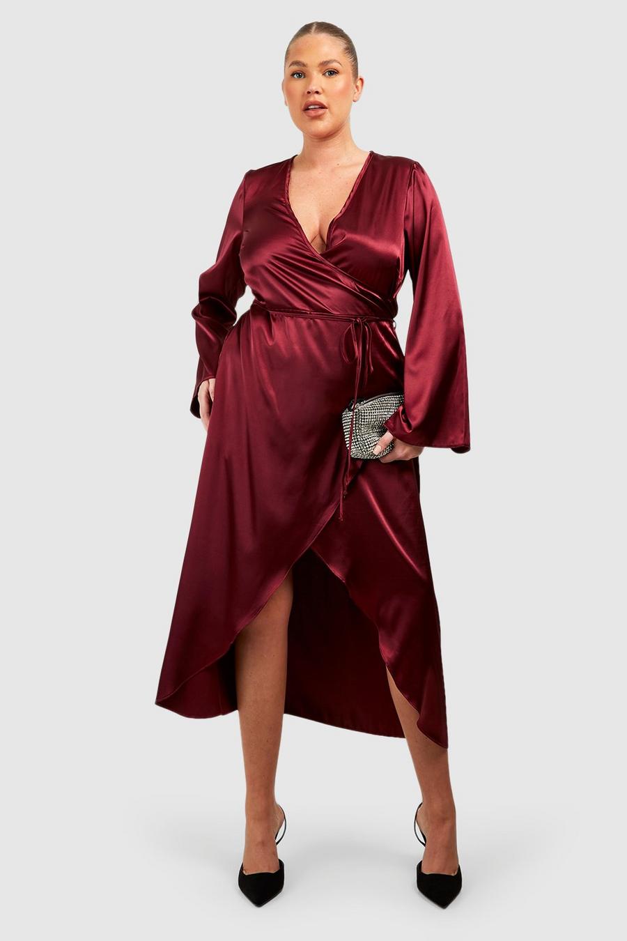 Burgundy Satin Long Sleeve Wrap Dress. Dresses