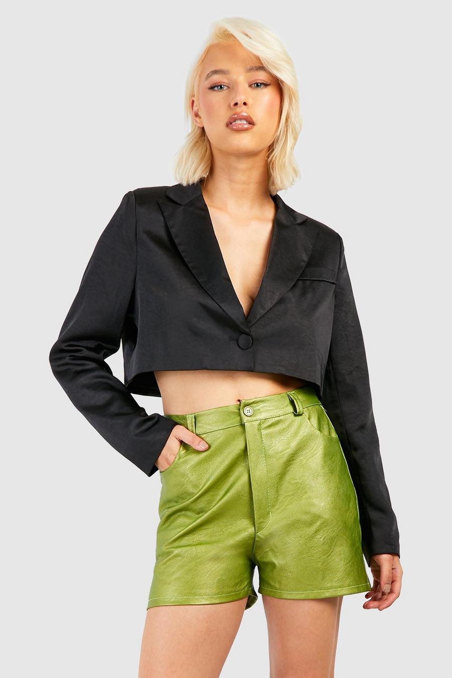 Green Metallic Faux Faux Leather High Waist Shorts image number 1
