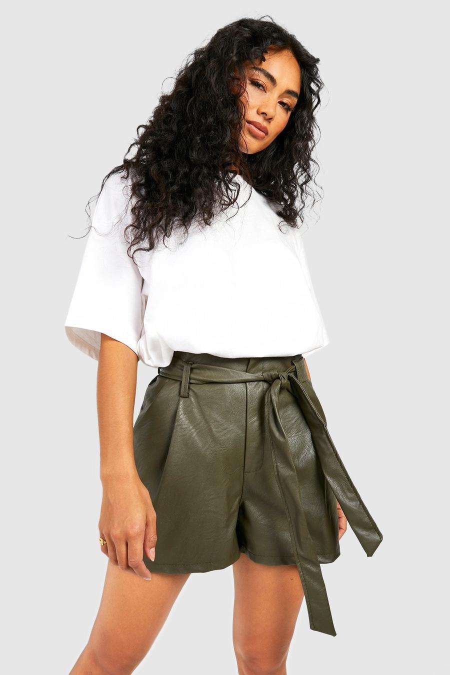 Khaki Faux Leather Look Paperbag Waist Shorts image number 1