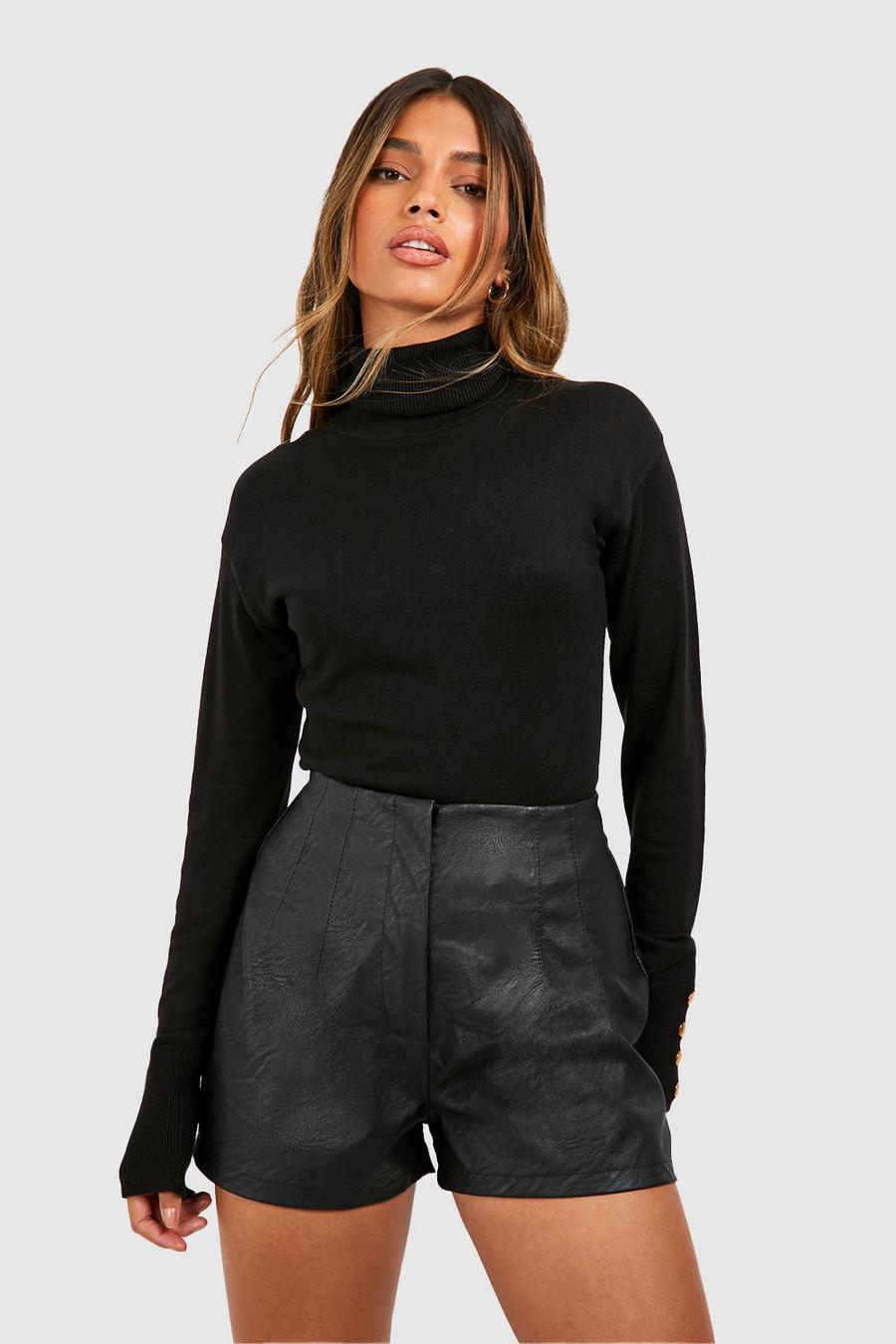Black Faux Leather Look Tailored High Waist Shorts image number 1