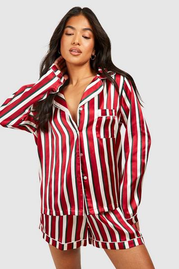 Petite Long Sleeve Satin Stripe Pajama Short Set red