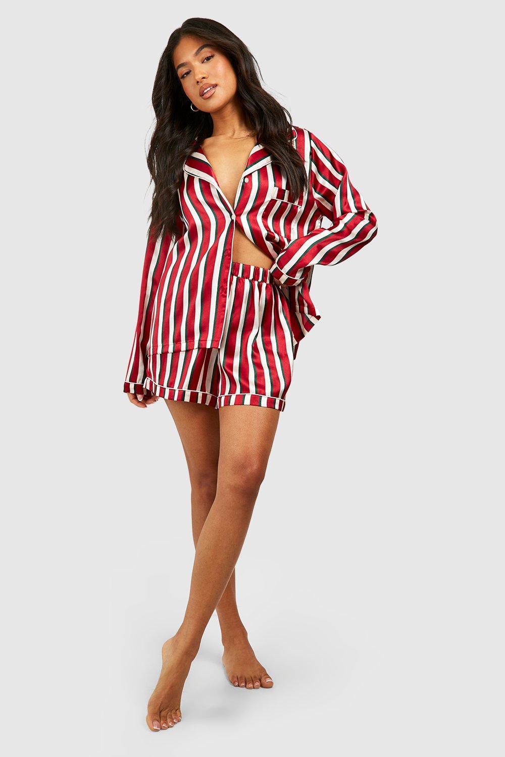 Petite Long Sleeve Satin Stripe Pajama Short Set boohoo UK