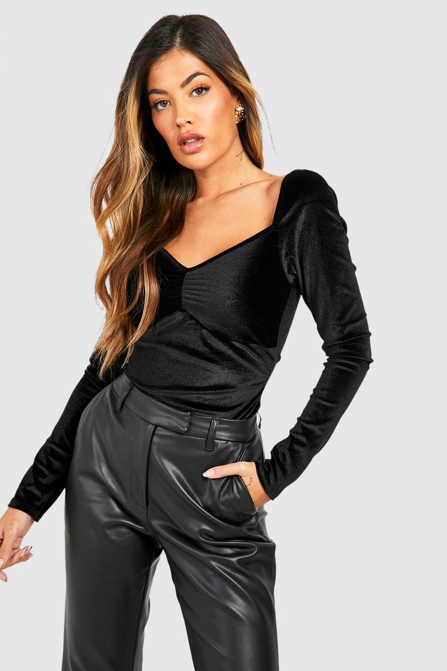 Black Fluwelen Bodysuit Met Harvormige Hals En Lange Mouwen