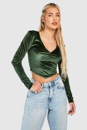Velvet Long Sleeve V Hem Corset Top khaki