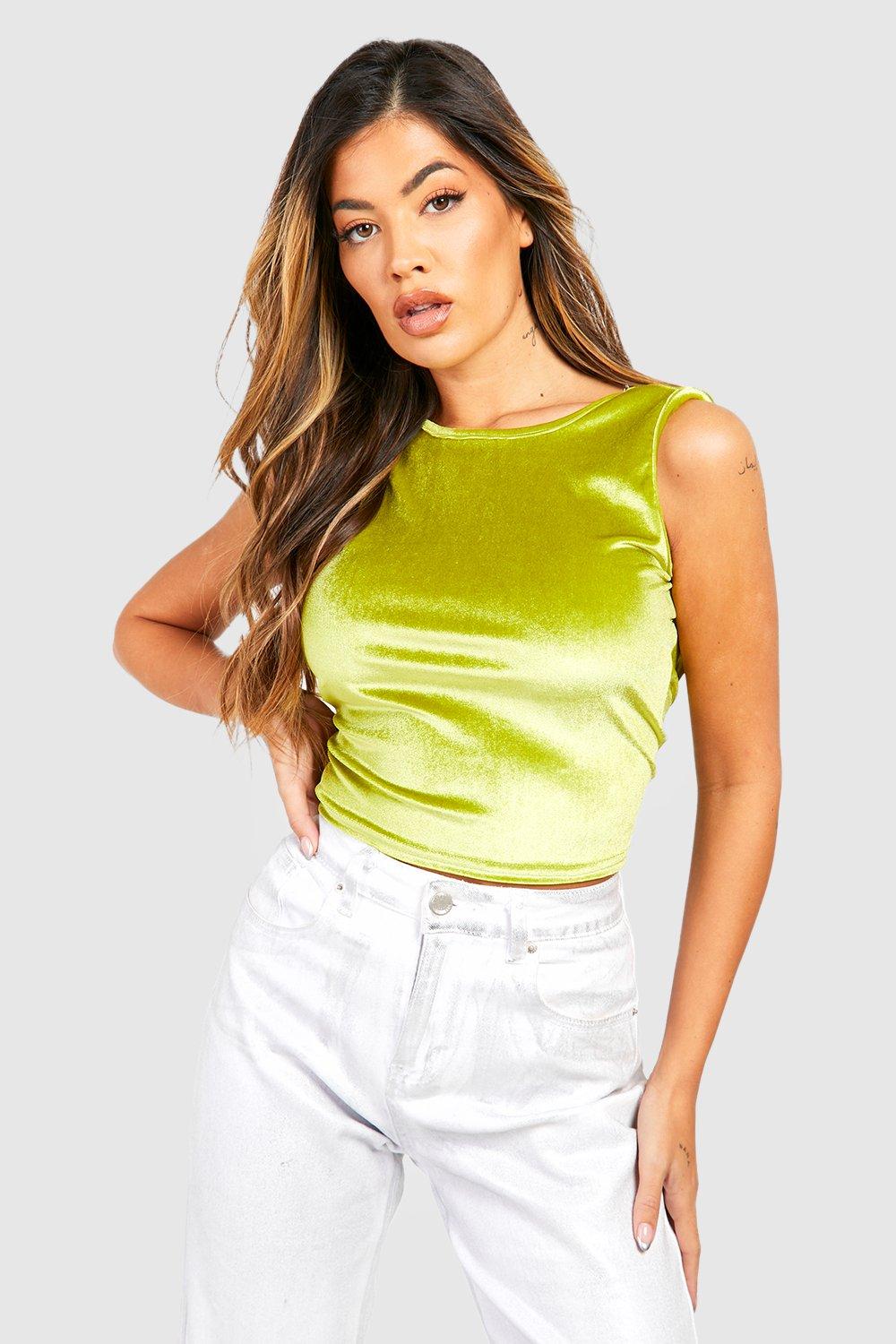 Chartreuse Velvet Cowl Back Crop Top