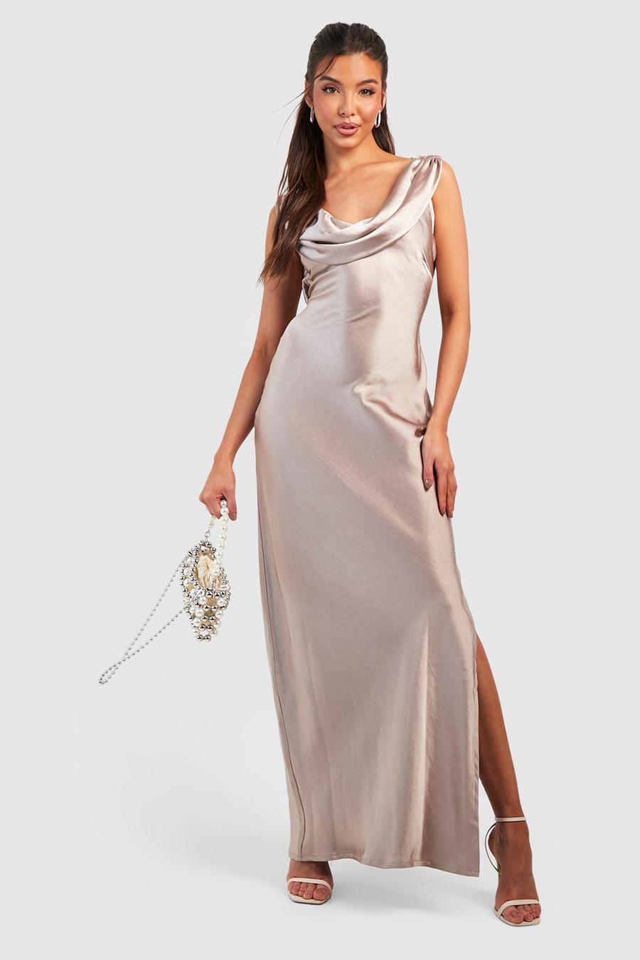 Taupe Bridesmaid Satin Cowl Neck Slip Dress image number 1