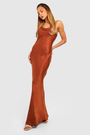 Bridesmaid Satin Cowl Neck Maxi Dress chocolate