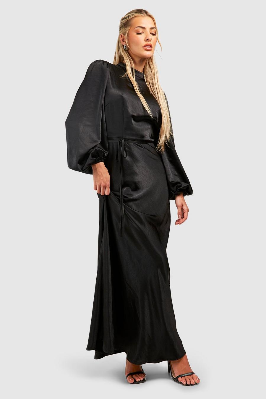Black Långklänning i satin med hög hals och ballongärm image number 1