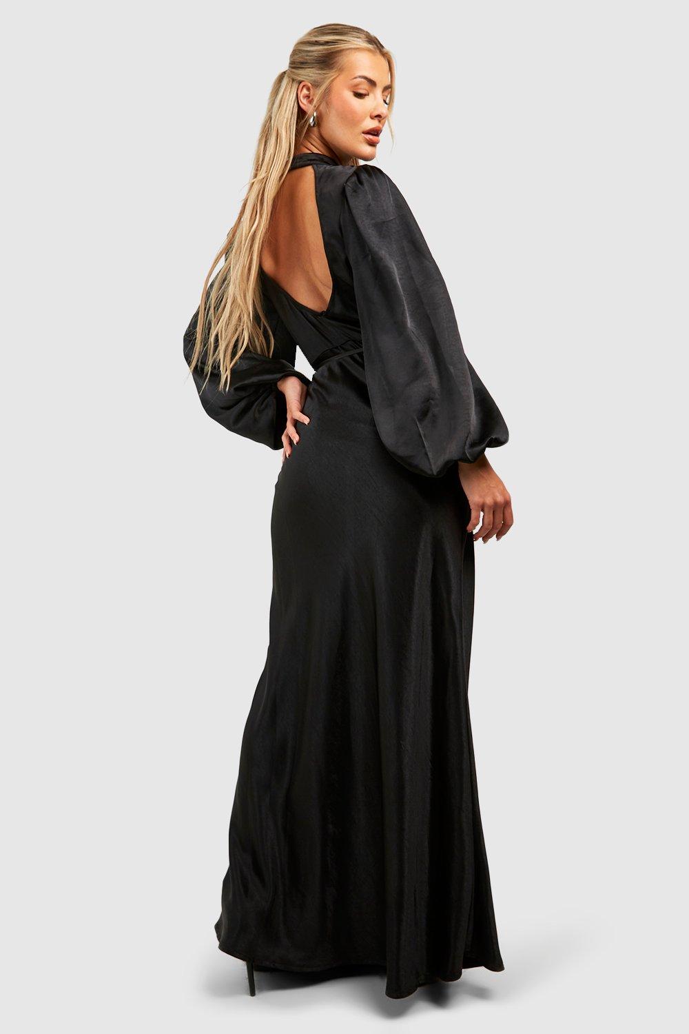 Balloon Sleeve Satin Maxi Dress