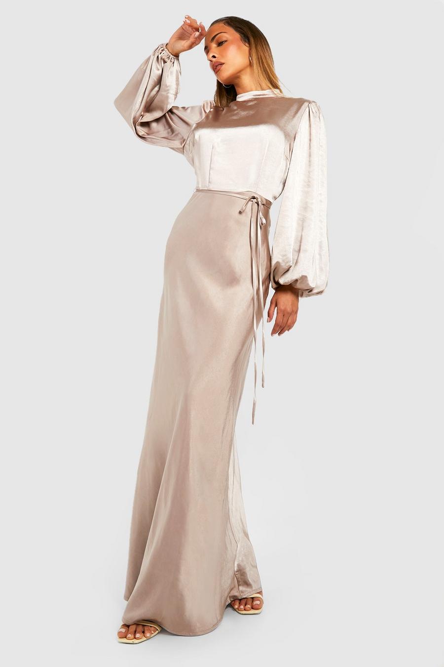 Taupe Satin High Neck Balloon Sleeve Maxi Dress image number 1
