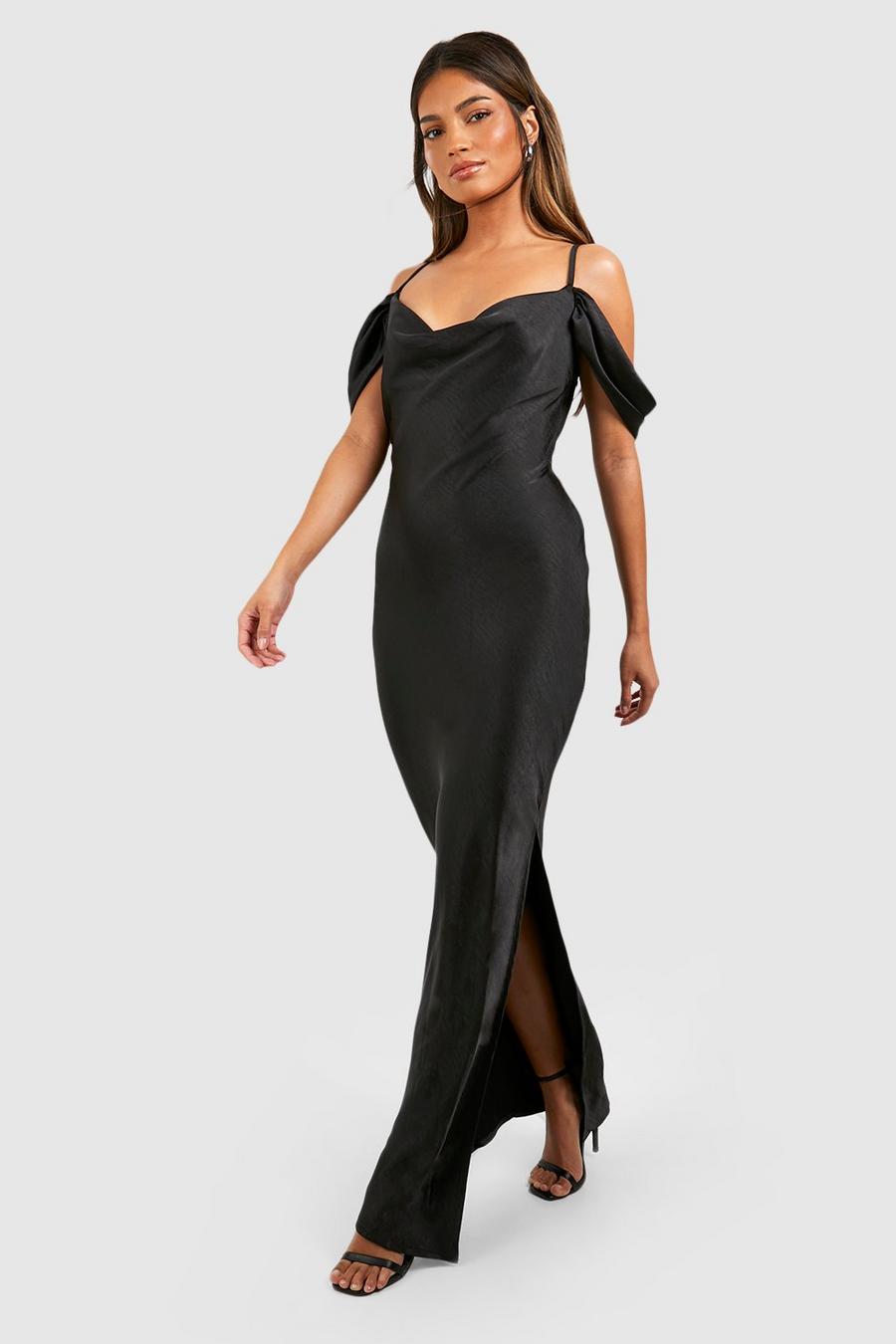 Black Bridesmaid Satin Cold Shoulder Maxi Dress