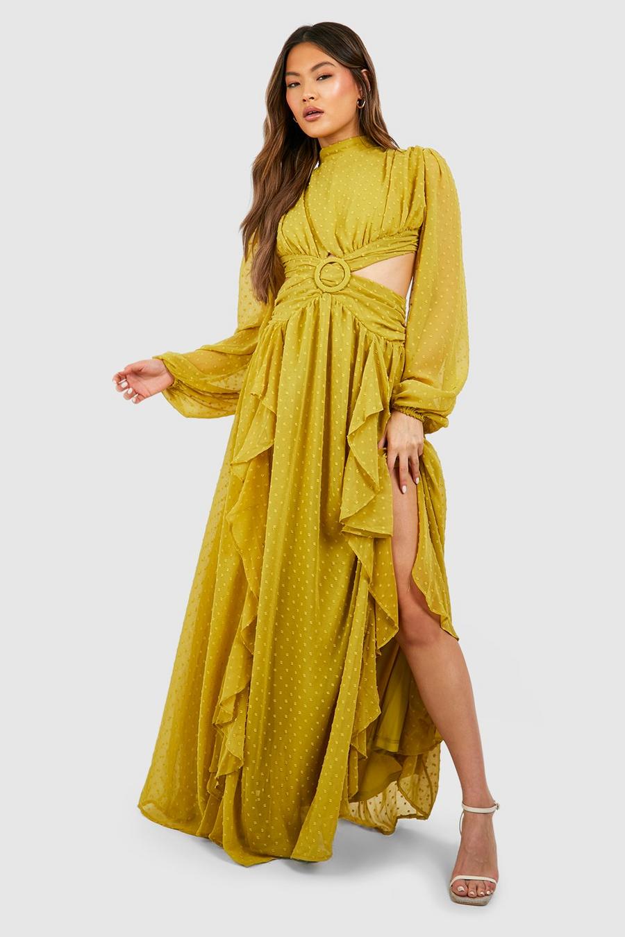 Chartreuse Dobby High Neck Ruffle Maxi Dress image number 1