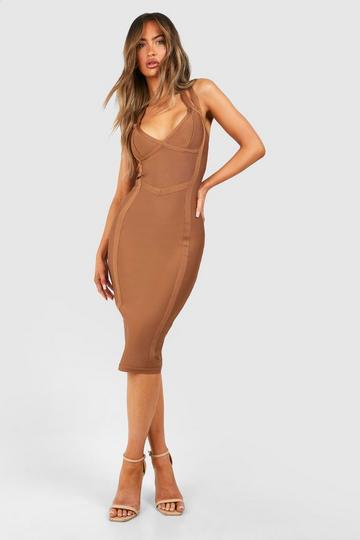 Chocolate Brown Bandage Double Strap Midi Dress