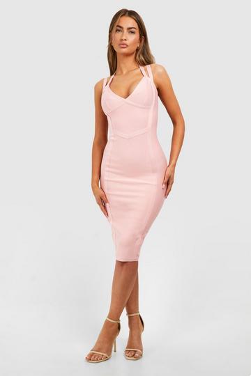 Rose Pink Bandage Double Strap Midi Dress