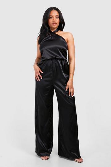 Plus Satin Halter Wide Leg Jumpsuit black