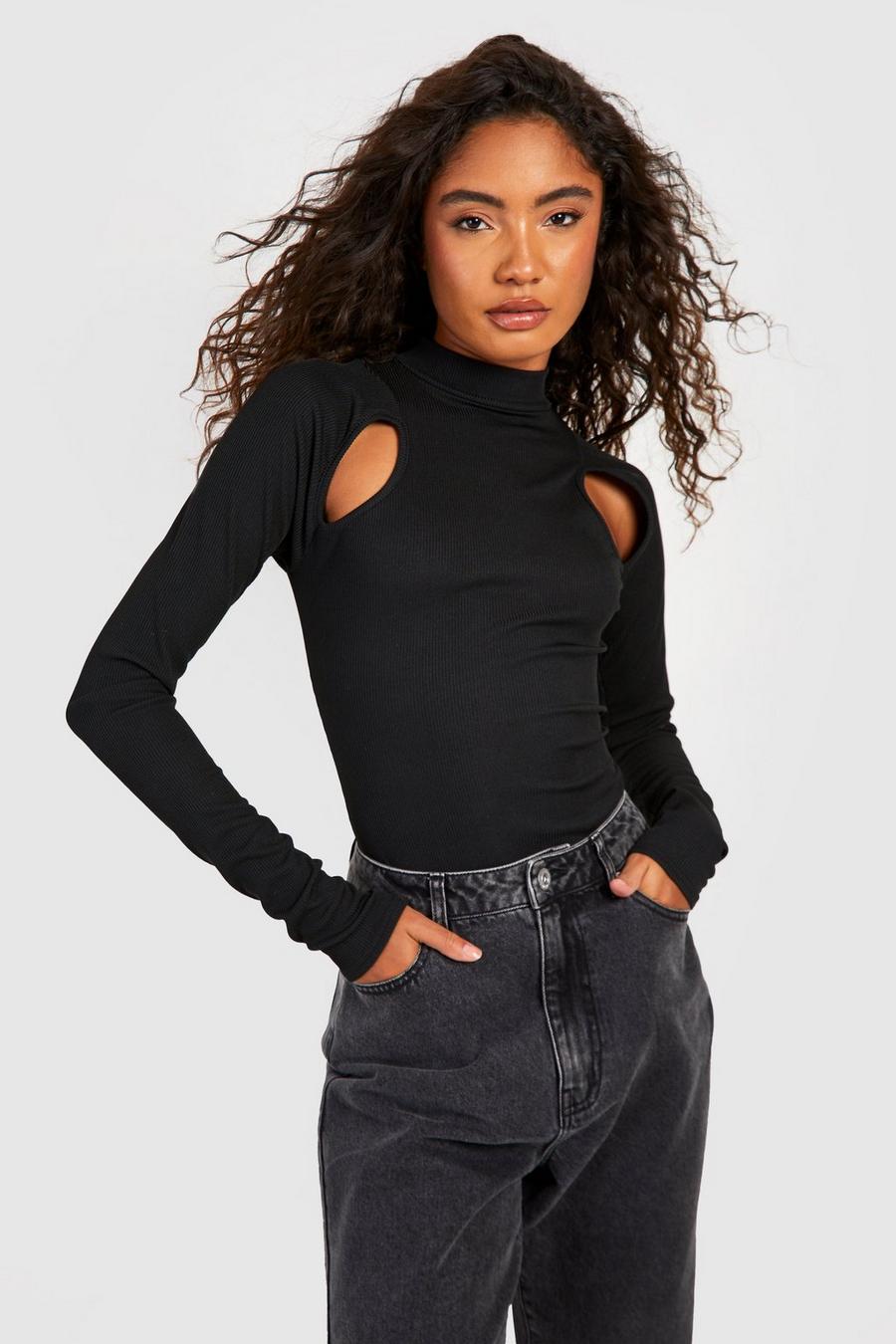 Black Tall Rib Cut Out Funnel Neck Longsleeve Bodysuit image number 1