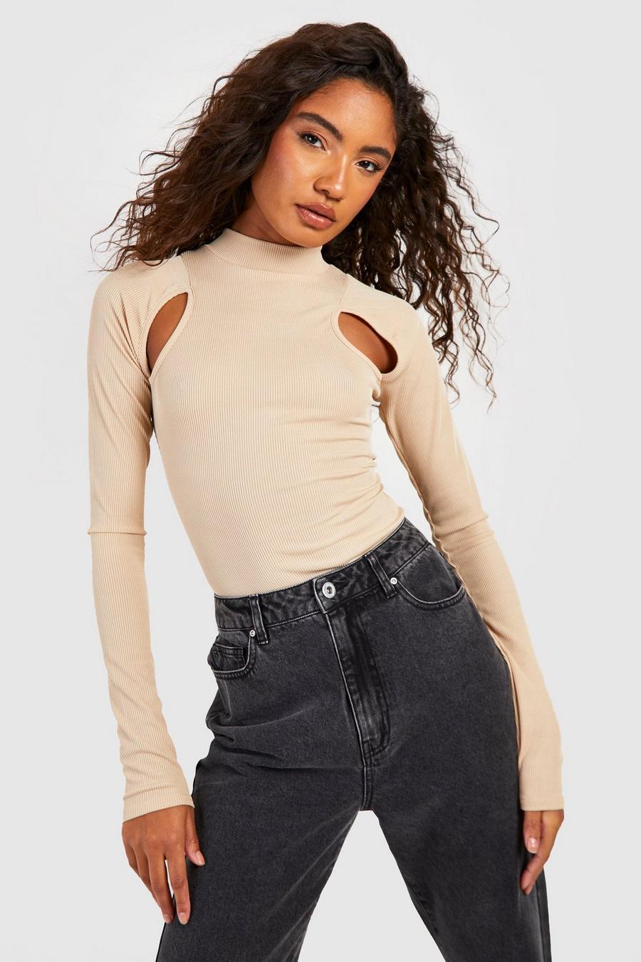 Stone Tall Rib Cut Out Funnel Neck Longsleeve Bodysuit image number 1