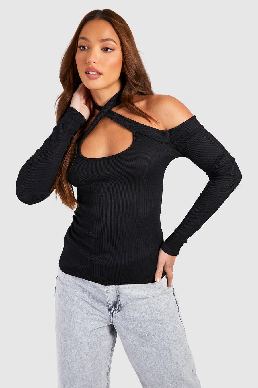 Black Tall Rib Cut Out Halter Longsleeve Top image number 1