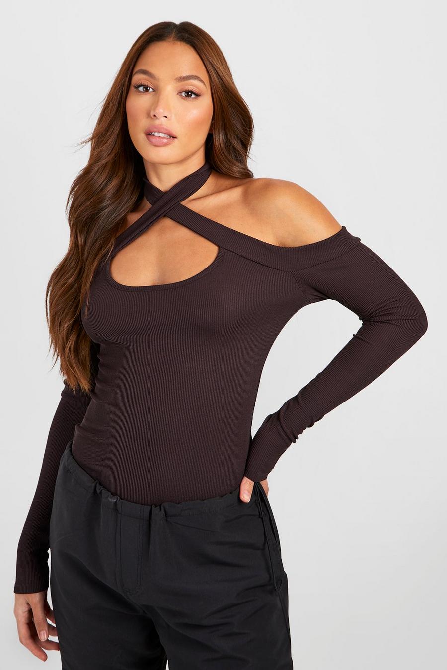 Chocolate Tall Rib Cut Out Halter Neck Longsleeve Top image number 1